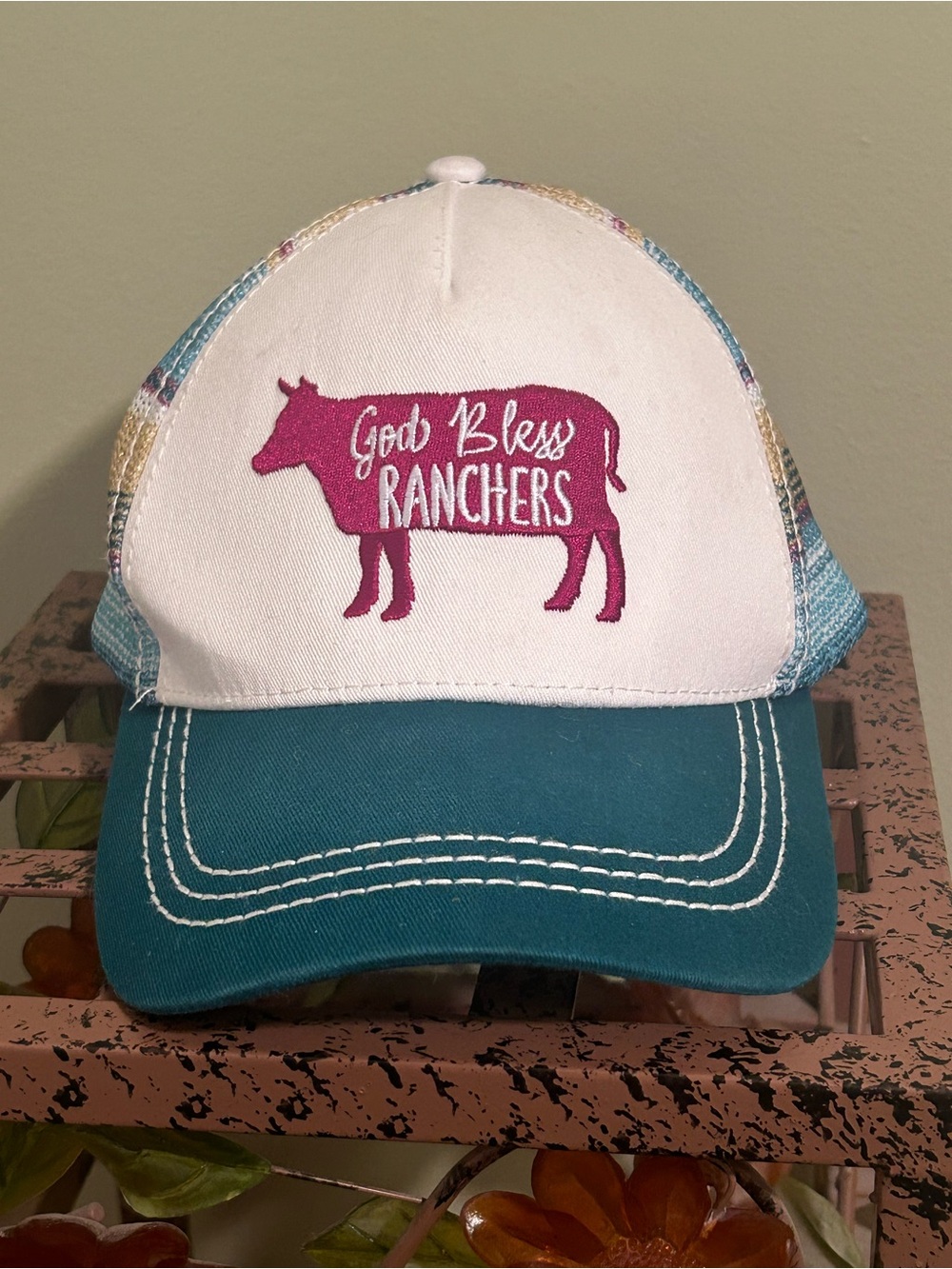 Cruel Denim Womens God Bless Ranchers Trucker Hat Cap Teal Pink Serape Mesh Snap